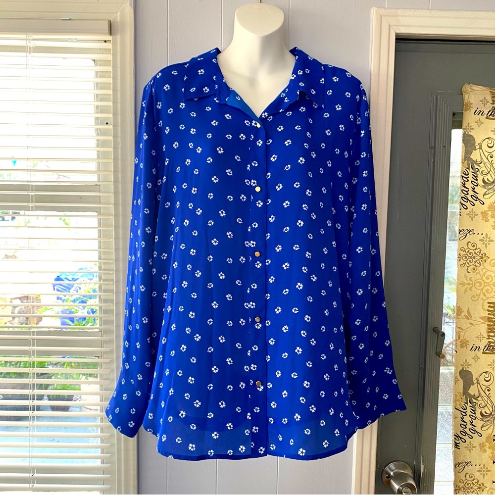 Liz Claiborne Career Cobalt Blue white flowers Blouse